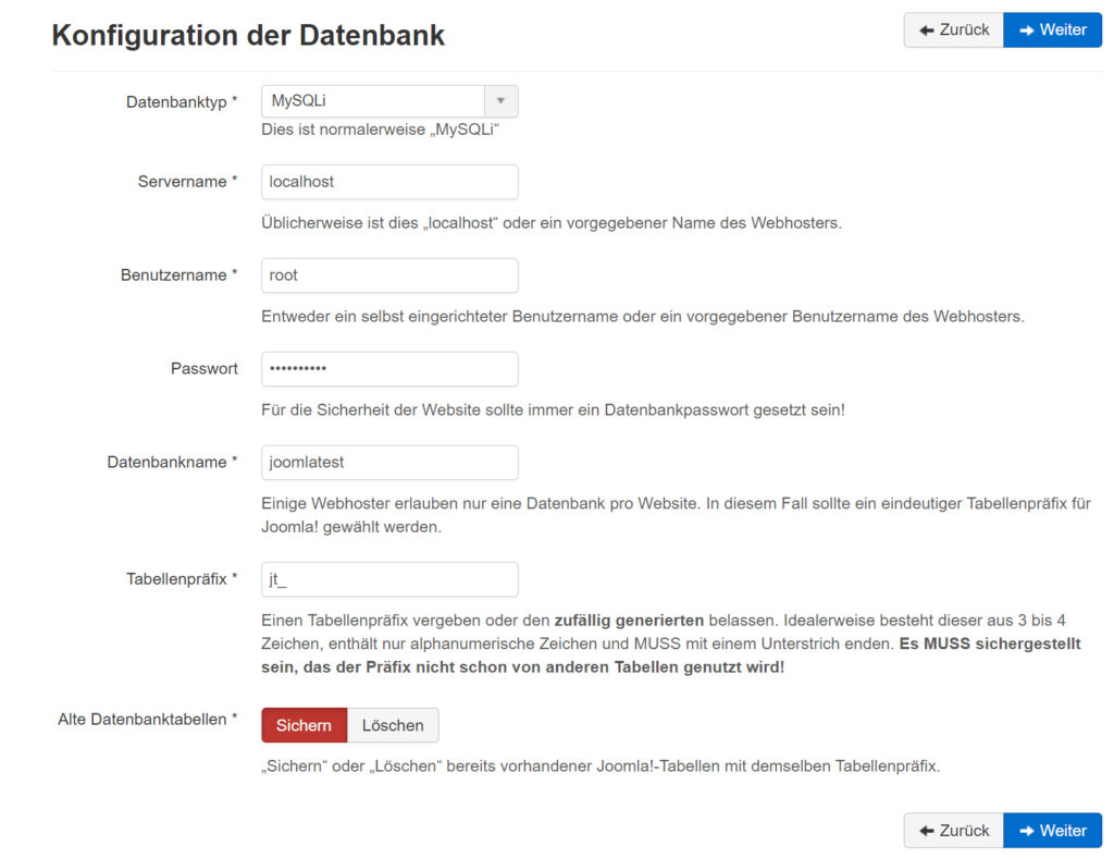 Joomla lokal installieren Datenbank Konfiguration