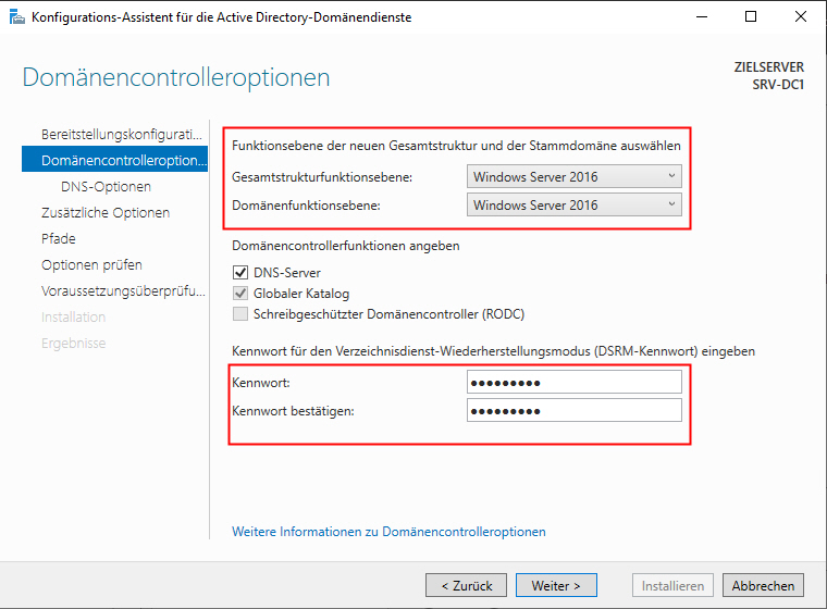 Windows Server Domäne erstellen - Domänenfunktionsebene und Verzeihnisdienst-Wiederherstellungsmodus